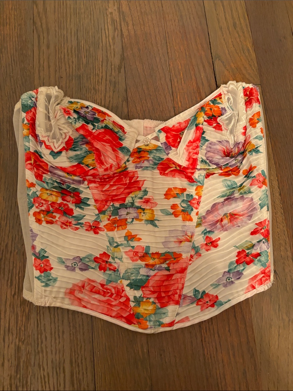 Vintage Dior Floral Sweetheart Bustier Camisole - White with Red & Purple Floral